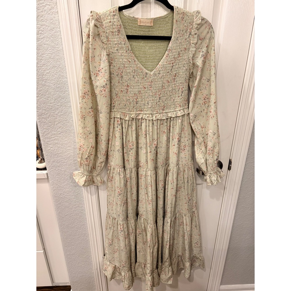 Altar'd State Midi Dress Sage Green Floral Smocked Tiered Cottagecore Boho